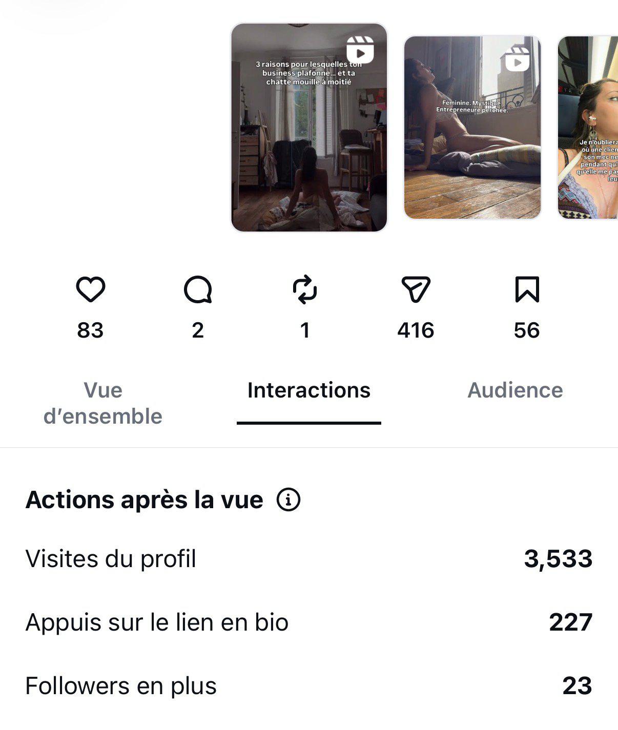 Statistiques Instagram : 3 533 visites de profil, 227 appuis sur le lien en bio